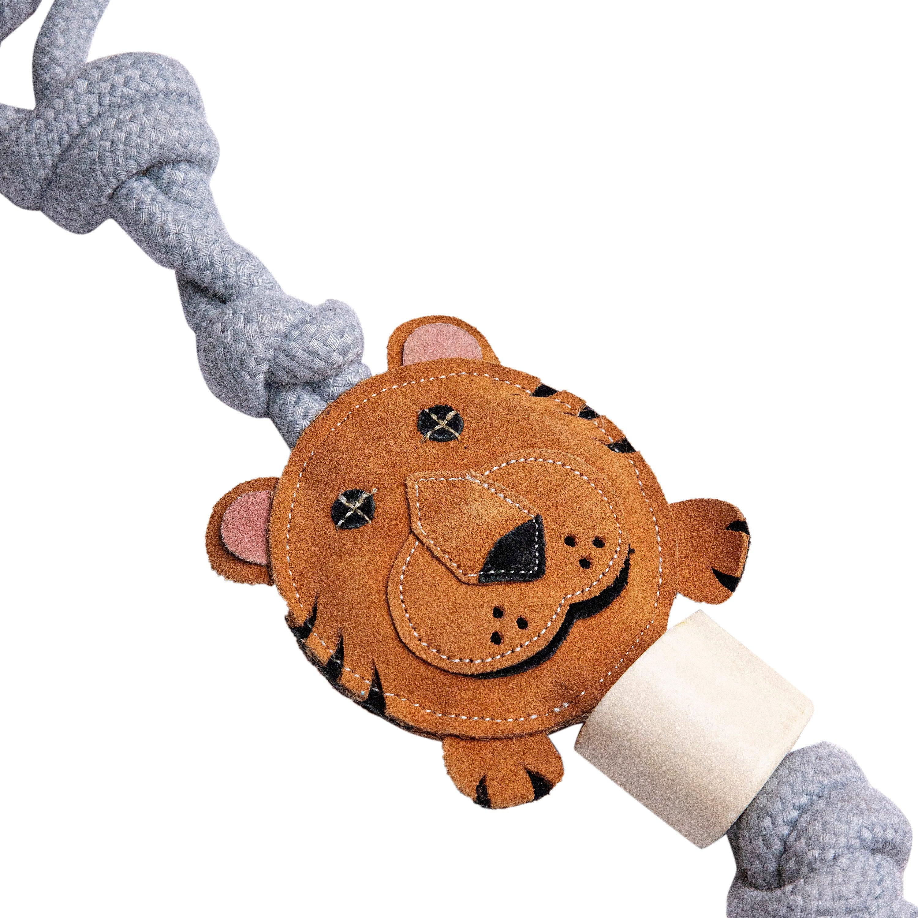Close-Up of Torey the Tiger – Fun, Durable Rope & LeatherPlush Toy for Dogs"