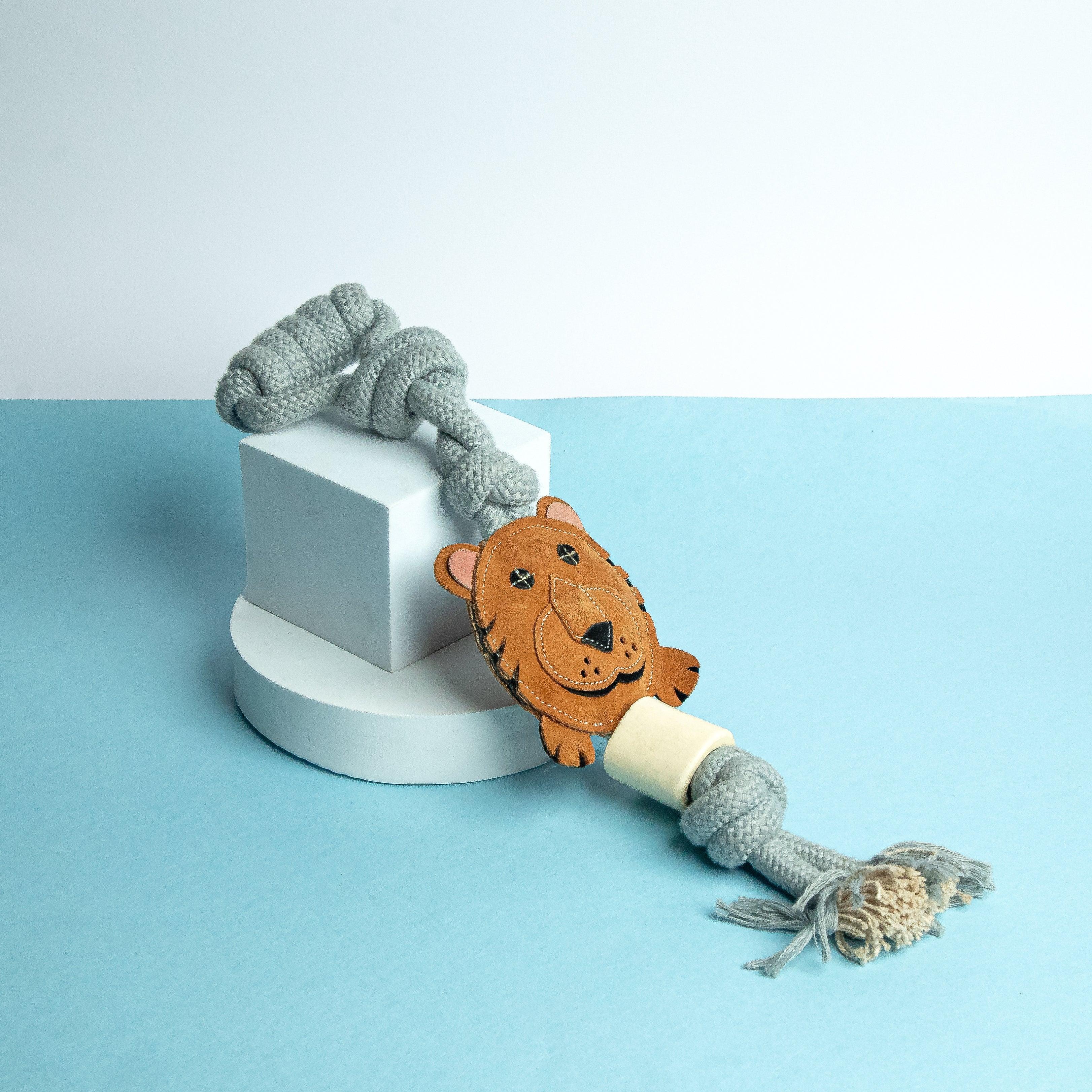 Close-Up of Torey the Tiger – Fun, Durable Rope & LeatherPlush Toy for Dogs"